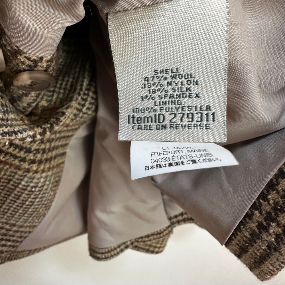 L.L. Bean Wool Silk Blend Blazer‎ Jacket Brown Tan Plaid Hounds Women’s Medium - Picture 5 of 5
